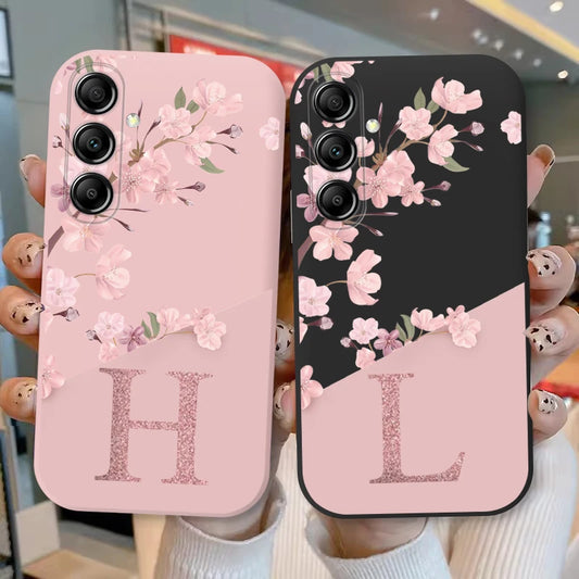 Pink Flower Case For Samsung Galaxy A14 Phone Cover Soft Silicone Initial Letter Fashion Shell Coque For Samsung A 14 5G Fundas
